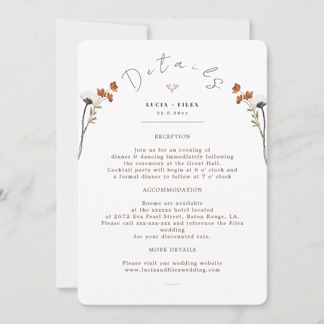 Elegant Wildflowers Wedding Infor Detail Card (Front)
