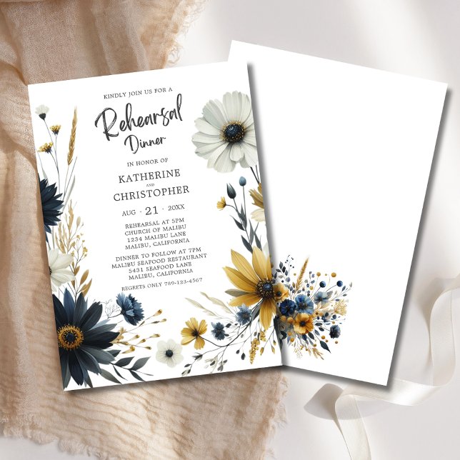 Elegant Wildflowers Wedding Rehearsal Dinner Invitation (Elegant Watercolor Wildflowers Rehearsal Dinner Invitation with blue and yellow wildflowers.)