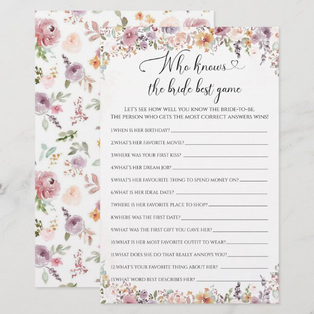 Elegant Wildflowers Who knows the bride best game (Front/Back)