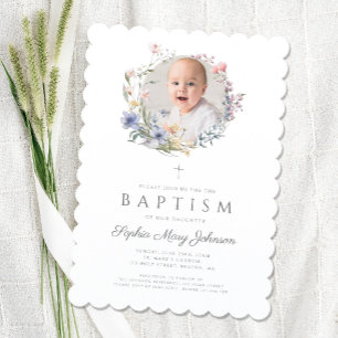 Elegant Wildflowers Wreath Girl Baptism Photo Invitation