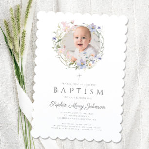 Elegant Wildflowers Wreath Photo Baptism Invitation
