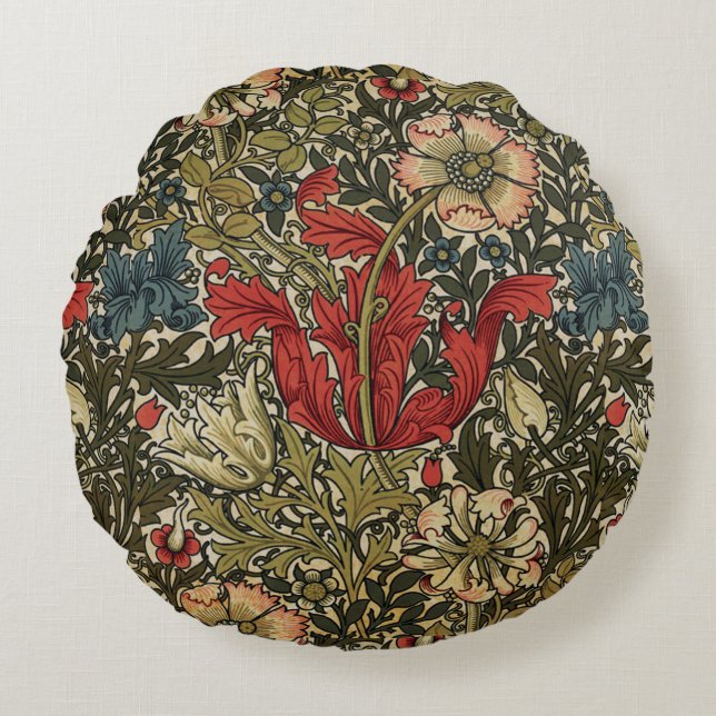 Elegant William Morris Floral Pattern Red Green Round Cushion (Front)