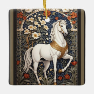 Elegant William Morris Inspired White Horse Ceramic Ornament