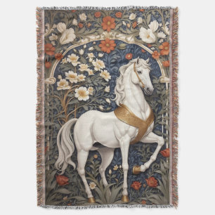 Elegant William Morris Inspired White Horse Throw Blanket