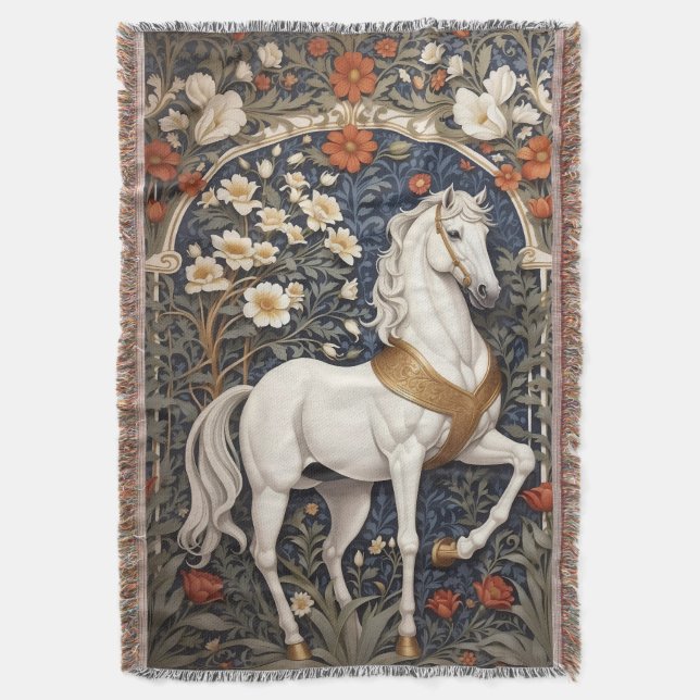 Elegant William Morris Inspired White Horse Throw Blanket (Front Vertical)