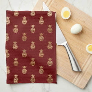 Elegant Wine and Gold Pineapples  Tea Towel