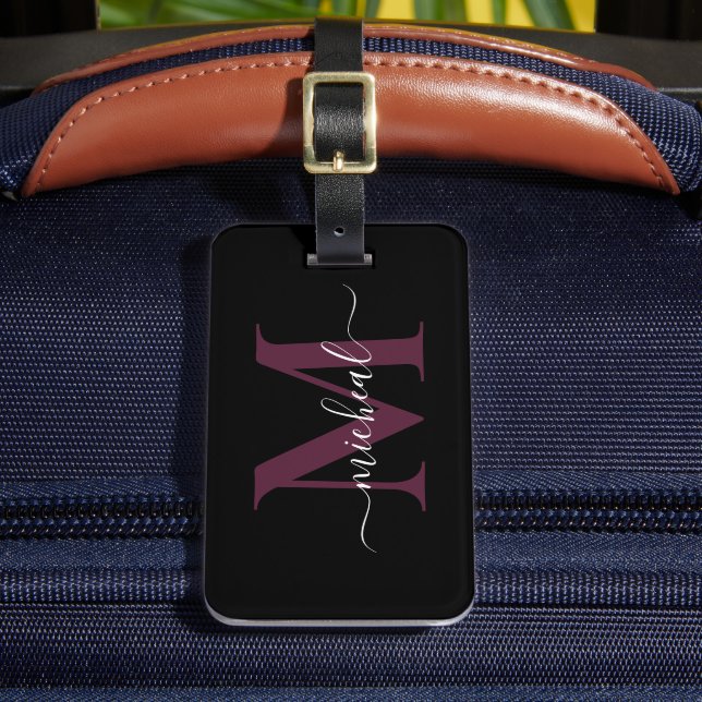 Elegant Wine & Black Monogram Script Name Luggage Tag (Front Insitu 2)