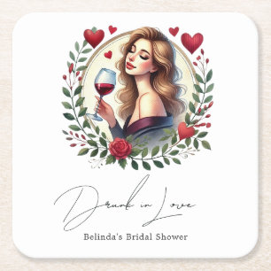 Elegant Wine Drunk in Love Bridal Shower Square Paper Coaster