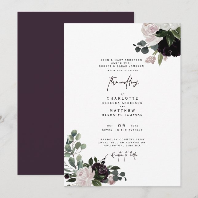 Elegant Wine Floral Both Parents Wedding Invitation (Front/Back)