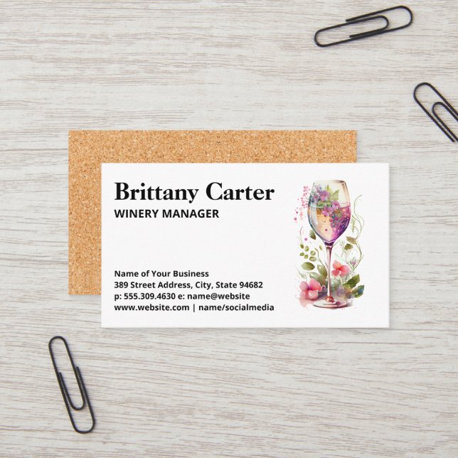 Elegant Wine Glass and Flowers Business Card (Front/Back In Situ)