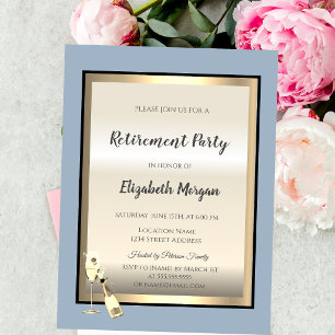 Elegant Wine Glass Bottle Dusty Blue Retirement Invitation