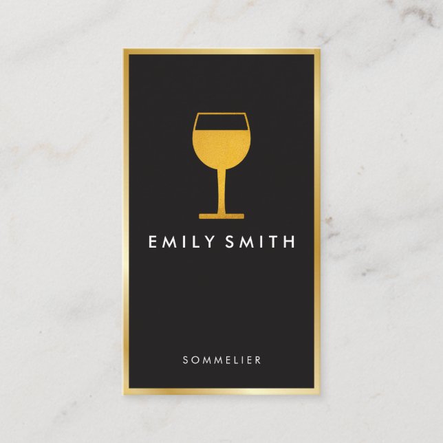 Elegant Wine Glass Faux Gold Border Business Card (Front)