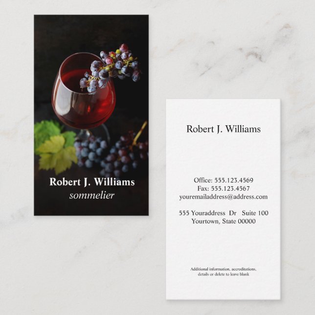 Elegant Wine Glass Grapes sommeliere professional Business Card (Front/Back)