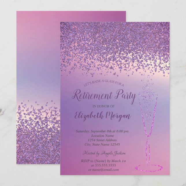 Elegant Wine Glass Purple Diamonds Retirement Invitation (Front/Back)