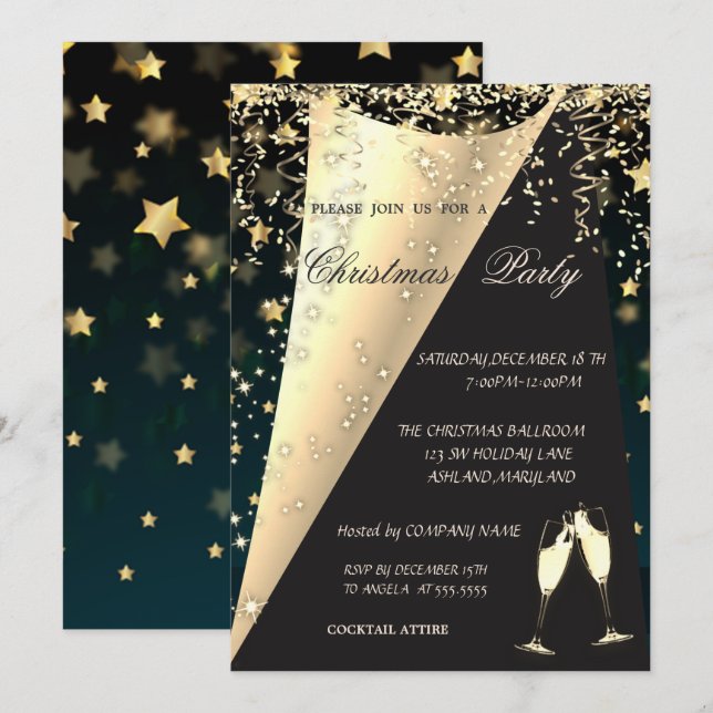 Elegant Wine Glass, Stars Company Christmas Party Invitation (Front/Back)