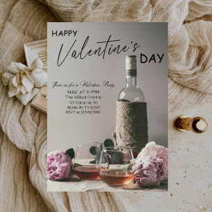 Elegant Wine Glasses & Flowers Valentine Party Invitation