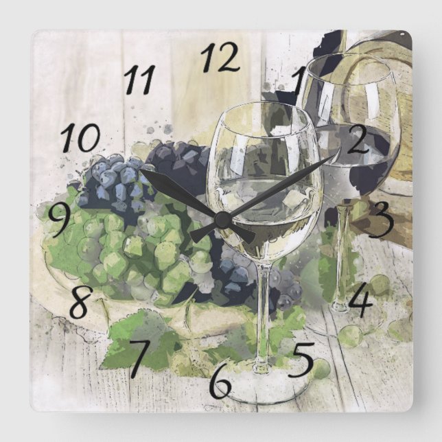 Elegant Wine Glasses, Purple and Green Grapes Square Wall Clock (Front)