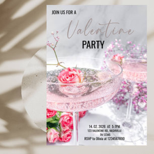 Elegant Wine Glasses & Roses Valentine's Party Invitation