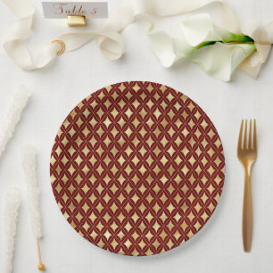 Elegant Wine & Gold Carnival Harlequin Pattern  Paper Plate
