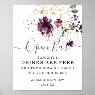Elegant Wine Gold Floral Open Bar Sign