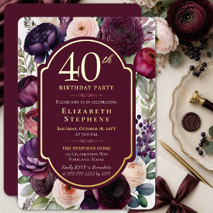 Elegant Wine Ranunculus 40th Birthday Gold