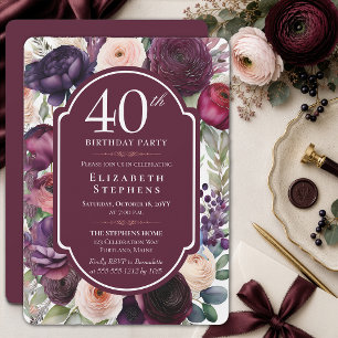 Elegant Wine Ranunculus Floral 40th Birthday Party Invitation
