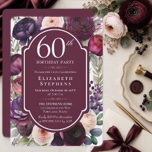 Elegant Wine Ranunculus Floral 60th Birthday Party Invitation