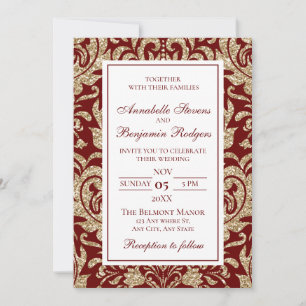 Elegant Wine Red and Gold Faux Glitter Wedding Invitation