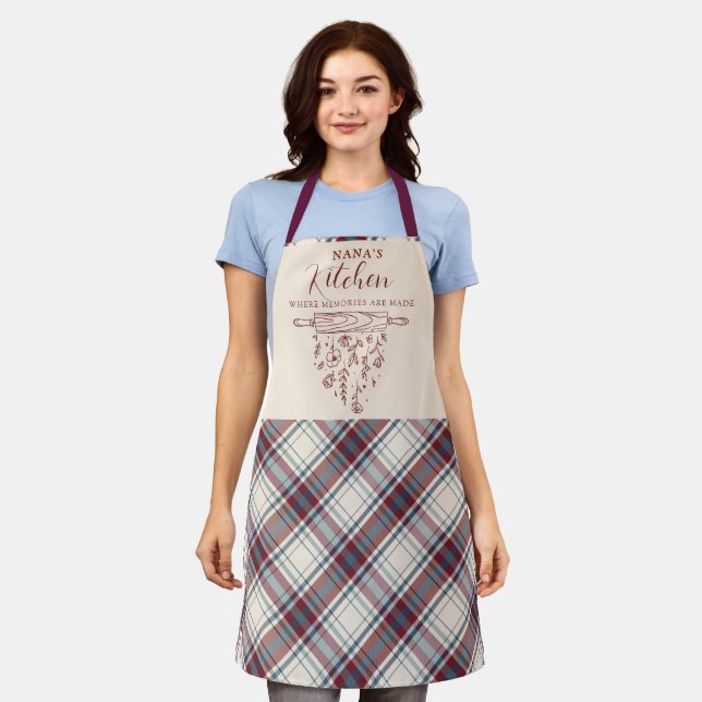 Elegant Wine Red Beige Tartan Plaid Nana's Kitchen Apron (Worn)