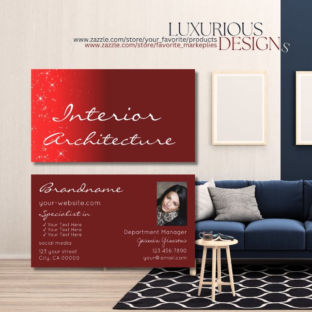 Elegant Wine Red Chic Glitter Stars with Photo Business Card (Creator Uploaded)