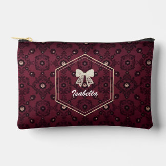Elegant Wine Red Floral & Gold Monogram Custom Accessory Pouch
