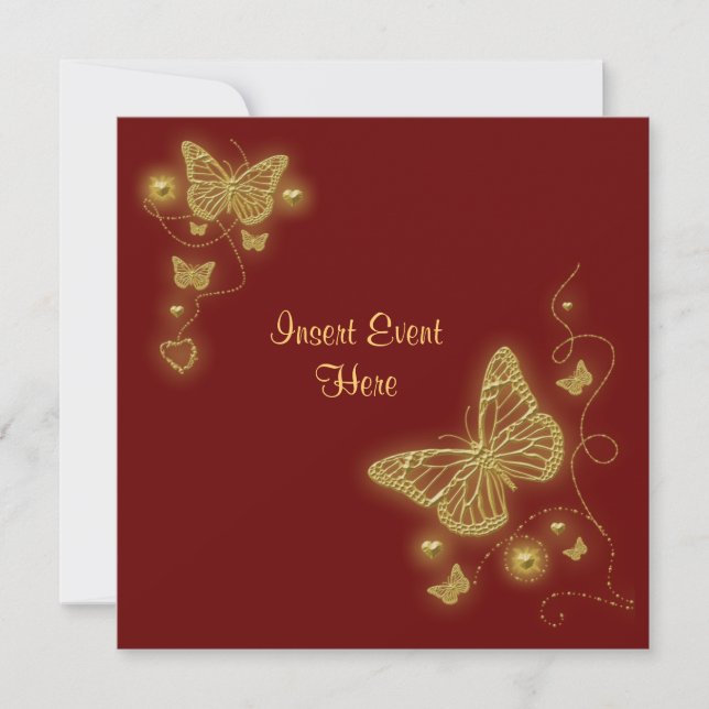 Elegant wine red gold butterfly invitation (Front)