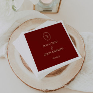 Elegant Wine Red Monogram Wedding Names Napkin