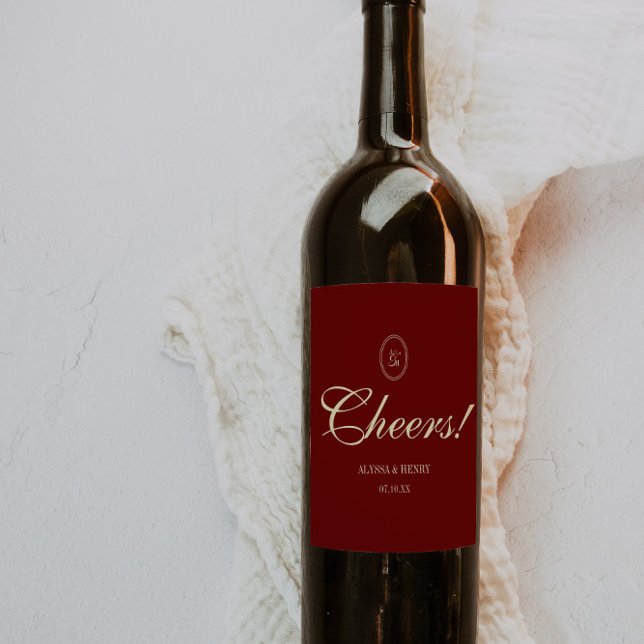 Elegant Wine Red Script "Cheers!" Wedding Label (Creator Uploaded)