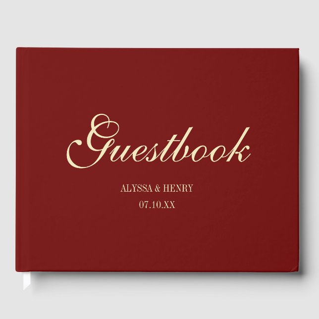 Elegant Wine Red Script Monogram Wedding Guest Book (Front)