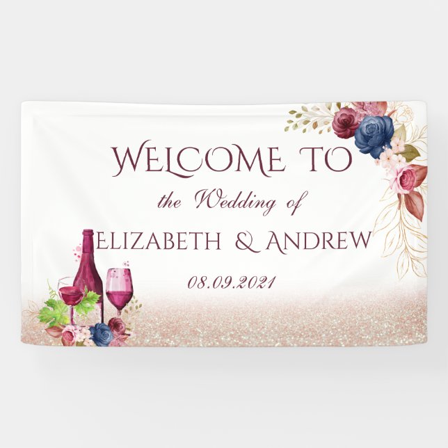 Elegant Wine Tasting Burgundy Flowers Wedding Banner (Horizontal)
