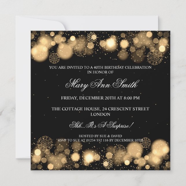 Elegant Winter 40th Birthday Party Gold Invitation (Front)
