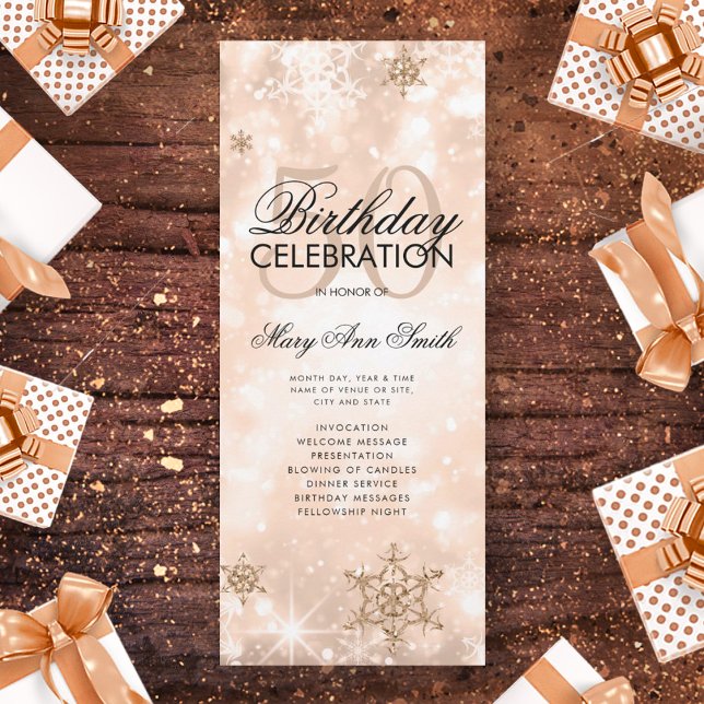 Elegant Winter 50 Birthday Program Rose Gold Menu Invitation (Creator Uploaded)