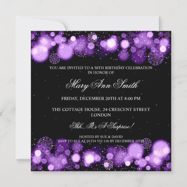 Elegant Winter 50th Birthday Party Purple Invitation (Front)