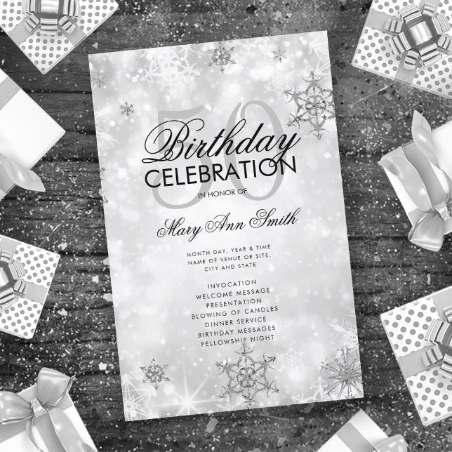 Elegant Winter 50th Birthday Program Silver Menu (Creator Uploaded)