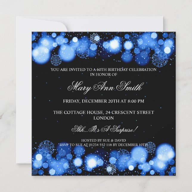 Elegant Winter 60th Birthday Party Blue Invitation (Front)