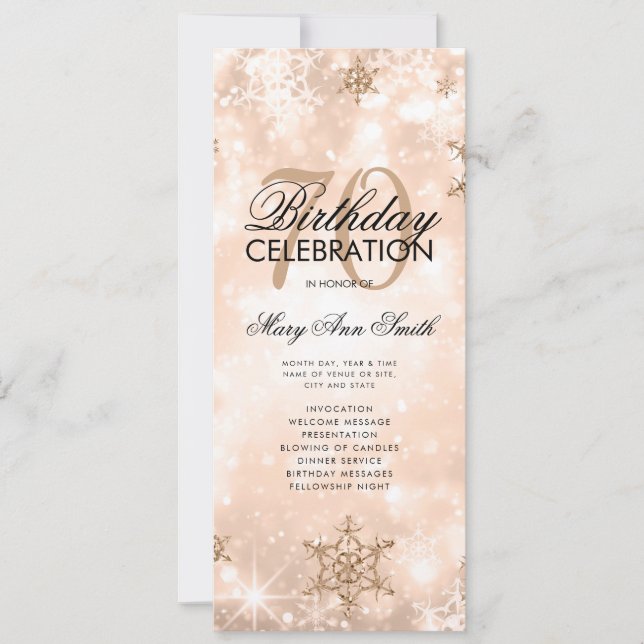 Elegant Winter 70 Birthday Program Rose Gold Menu Invitation (Front)