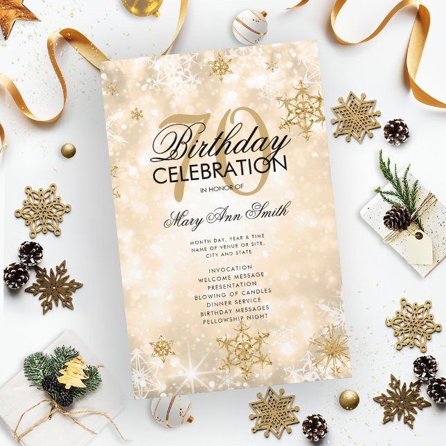 Elegant Winter 70th Birthday Program Gold w/ Menu (Creator Uploaded)