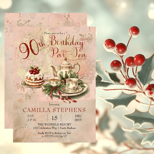 Elegant Winter 90th Birthday Par-Tea Party Invitation (Elegant Winter Floral Tea Set Holly and Berries 90th Birthday Par-Tea Party Invitation)