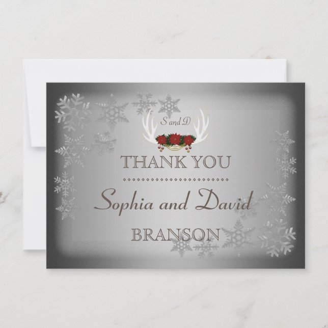 Elegant Winter Antlers Grey Wedding THANK YOU (Front)