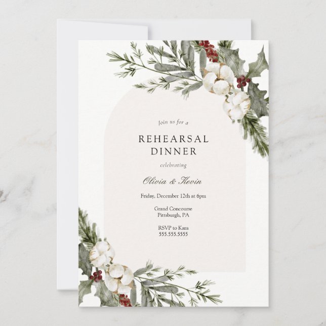 Elegant Winter Arch Wedding Rehearsal Dinner Invitation (Front)