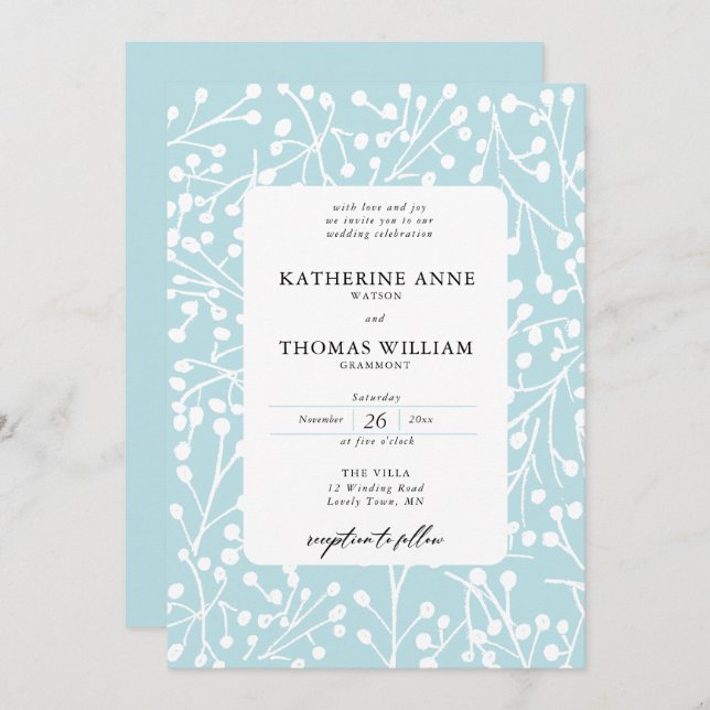 Elegant Winter Berries Ice Blue Botanical Wedding Invitation (Front/Back)