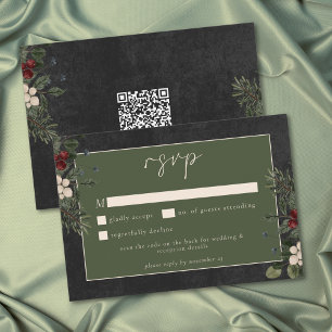 Elegant Winter Berries & Pine Black Wedding QR RSVP Card