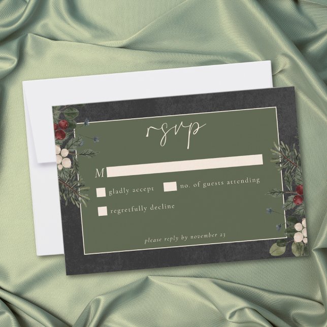 Elegant Winter Berries & Pine Black Wedding RSVP Card (Elegant Winter Berries & Pine Black Wedding RSVP Card)