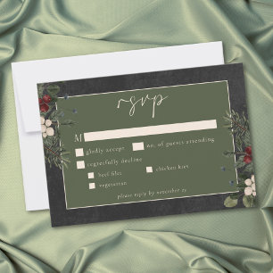 Elegant Winter Berries & Pine Black Wedding RSVP Card